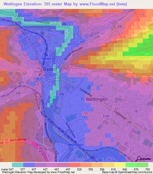 Wettingen,Switzerland Elevation Map