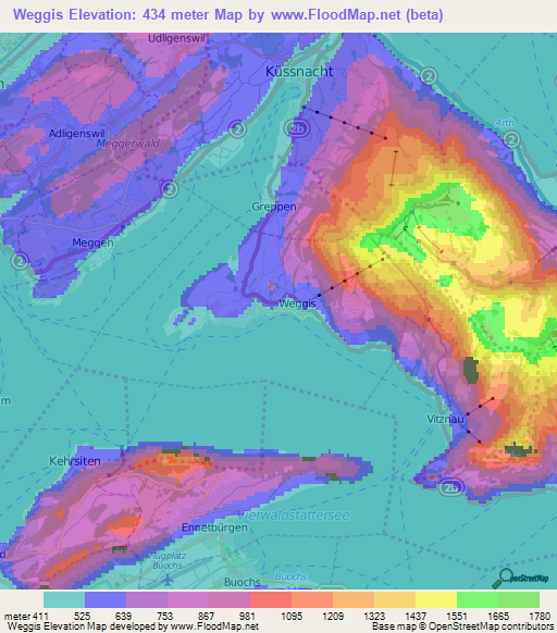 Weggis,Switzerland Elevation Map