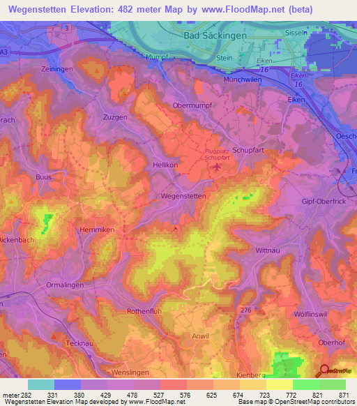 Wegenstetten,Switzerland Elevation Map