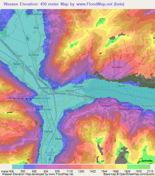 Weesen,Switzerland Elevation Map