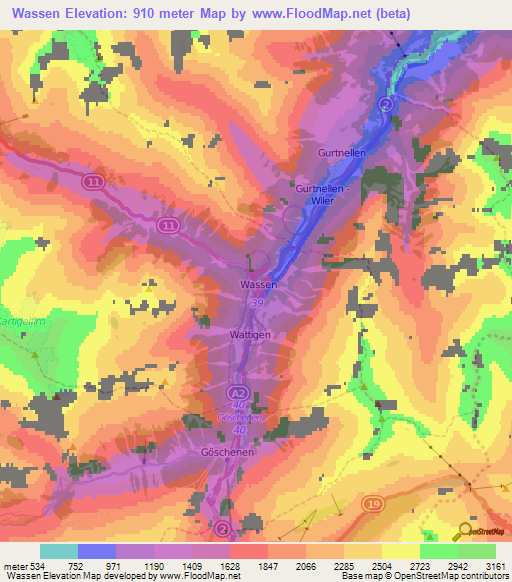 Wassen,Switzerland Elevation Map