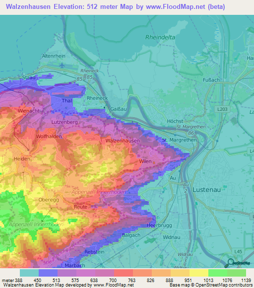 Walzenhausen,Switzerland Elevation Map