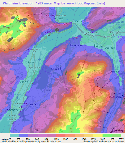 Waldheim,Switzerland Elevation Map