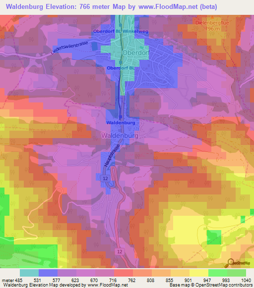 Waldenburg,Switzerland Elevation Map