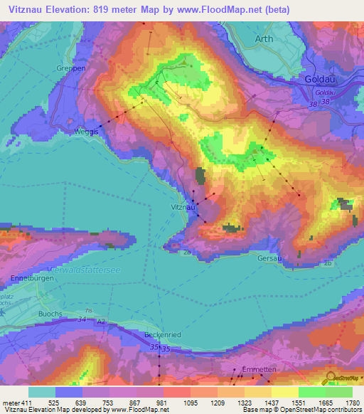 Vitznau,Switzerland Elevation Map