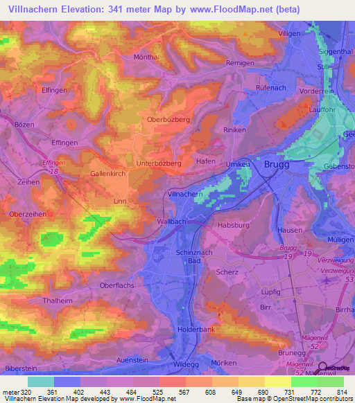 Villnachern,Switzerland Elevation Map