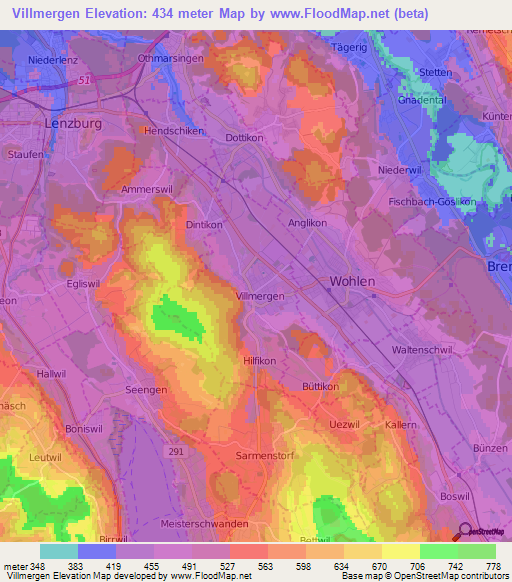 Villmergen,Switzerland Elevation Map