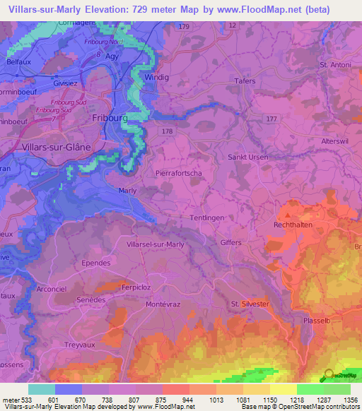 Villars-sur-Marly,Switzerland Elevation Map