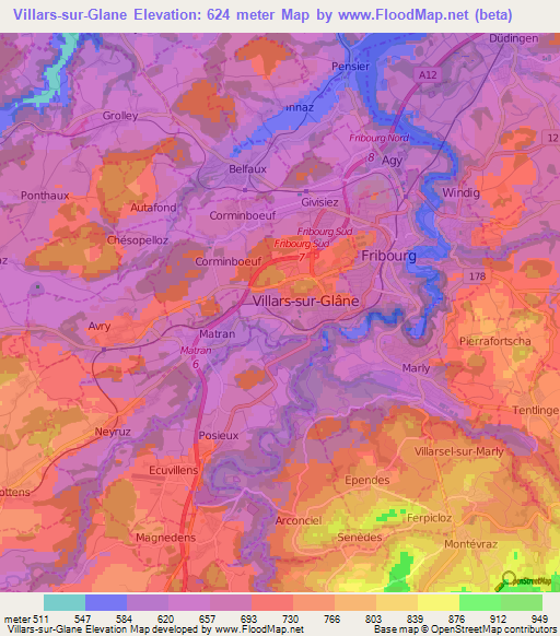 Villars-sur-Glane,Switzerland Elevation Map