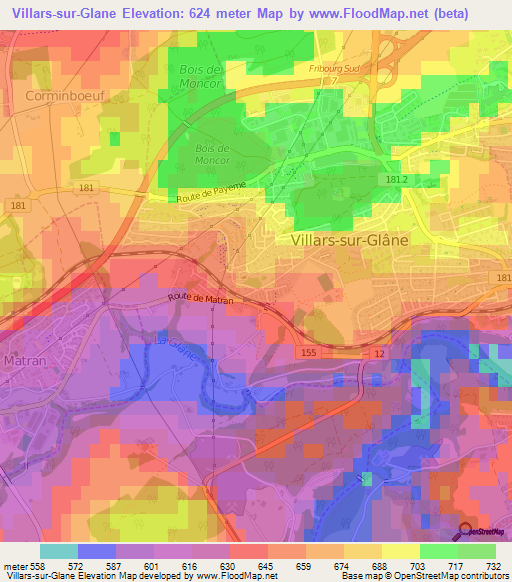 Villars-sur-Glane,Switzerland Elevation Map