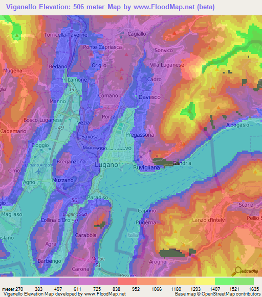 Viganello,Switzerland Elevation Map