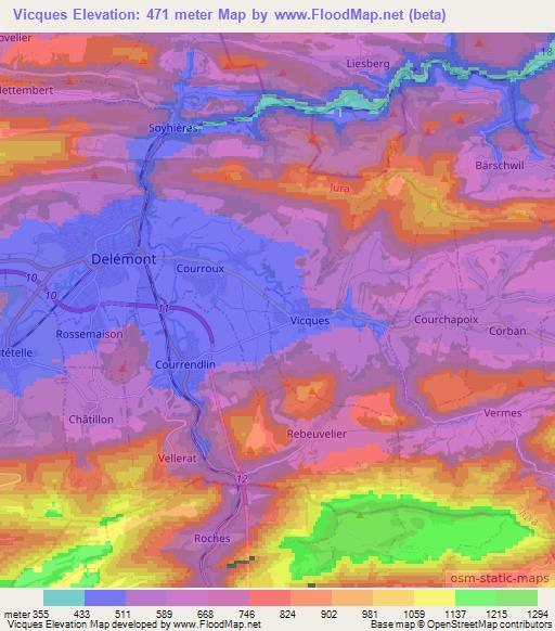 Vicques,Switzerland Elevation Map