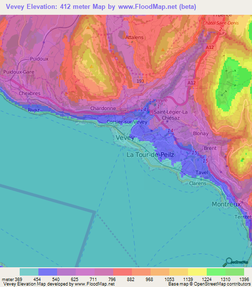 Vevey,Switzerland Elevation Map