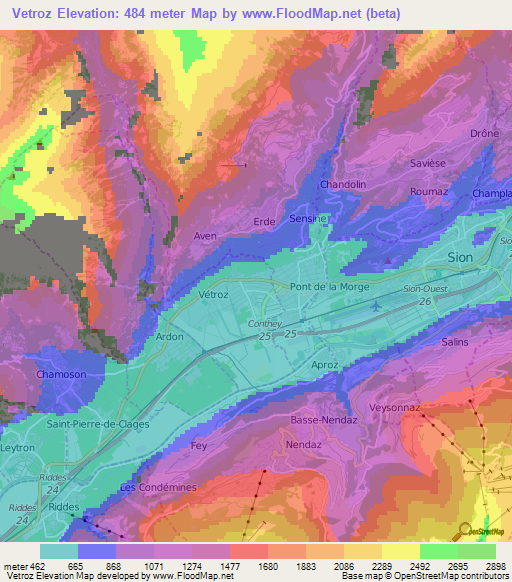 Vetroz,Switzerland Elevation Map