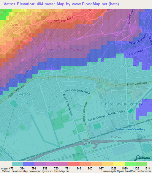 Vetroz,Switzerland Elevation Map