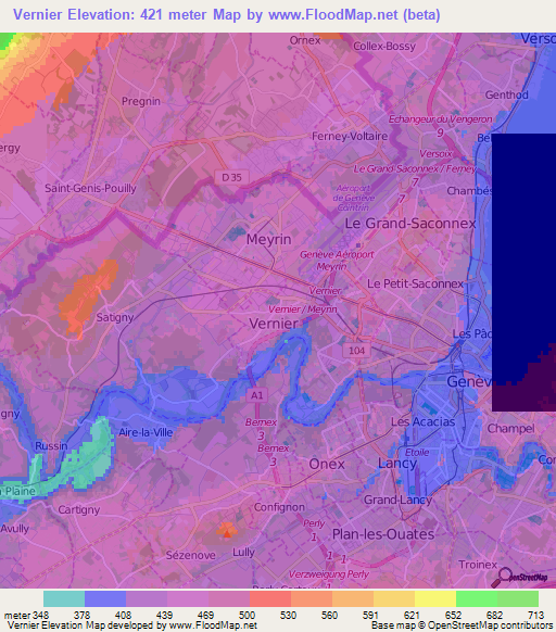 Vernier,Switzerland Elevation Map