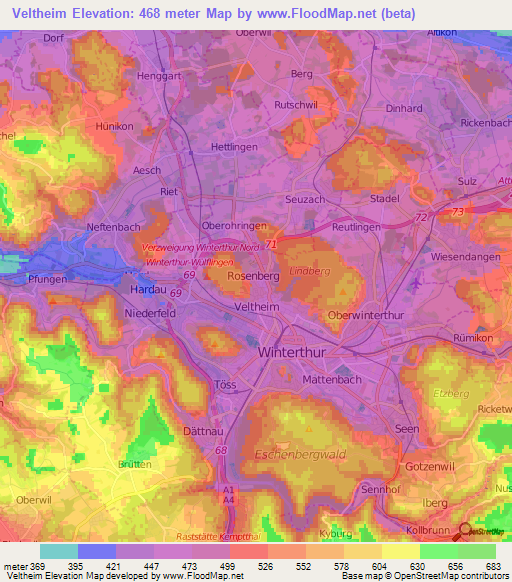 Veltheim,Switzerland Elevation Map