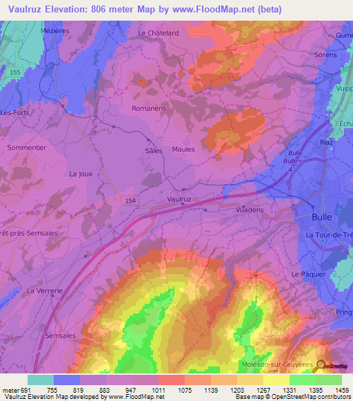 Vaulruz,Switzerland Elevation Map