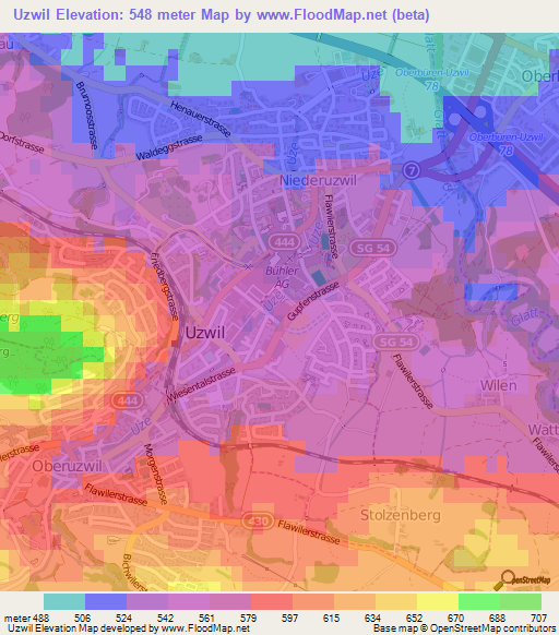 Uzwil,Switzerland Elevation Map