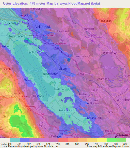 Uster,Switzerland Elevation Map