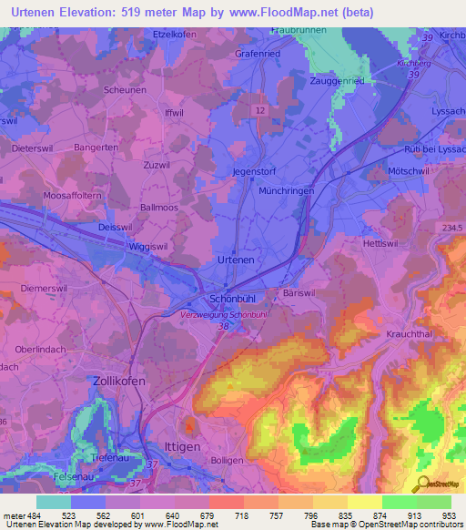 Urtenen,Switzerland Elevation Map