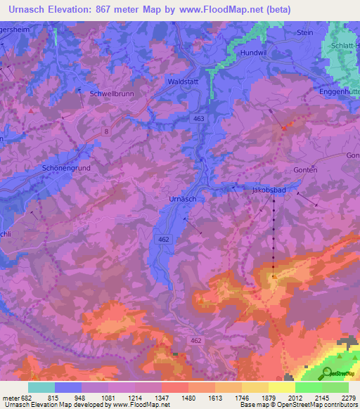 Urnasch,Switzerland Elevation Map