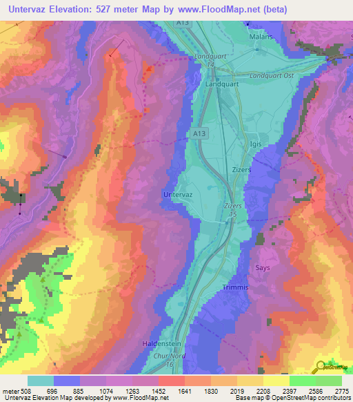 Untervaz,Switzerland Elevation Map