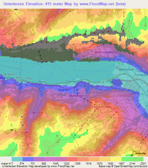 Unterterzen,Switzerland Elevation Map