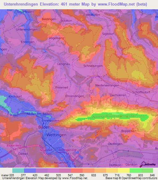 Unterehrendingen,Switzerland Elevation Map