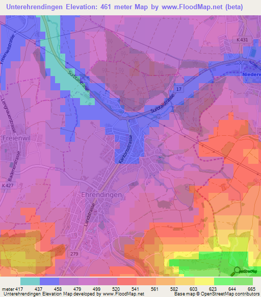 Unterehrendingen,Switzerland Elevation Map