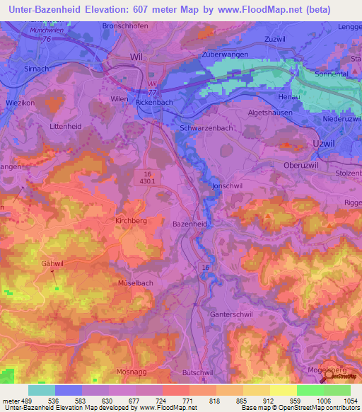 Unter-Bazenheid,Switzerland Elevation Map