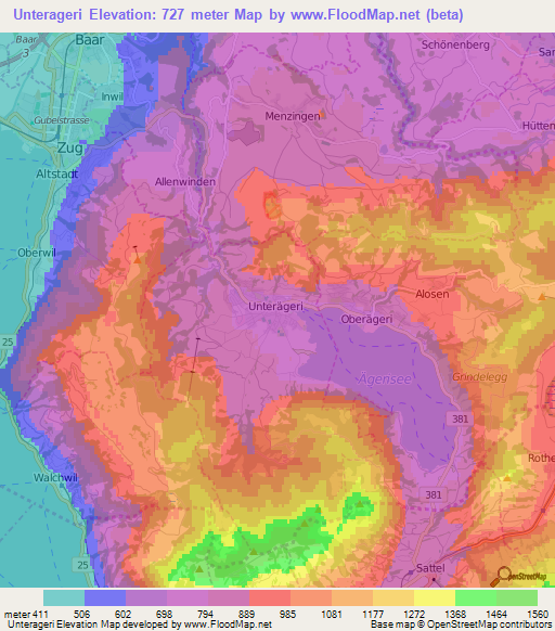 Unterageri,Switzerland Elevation Map