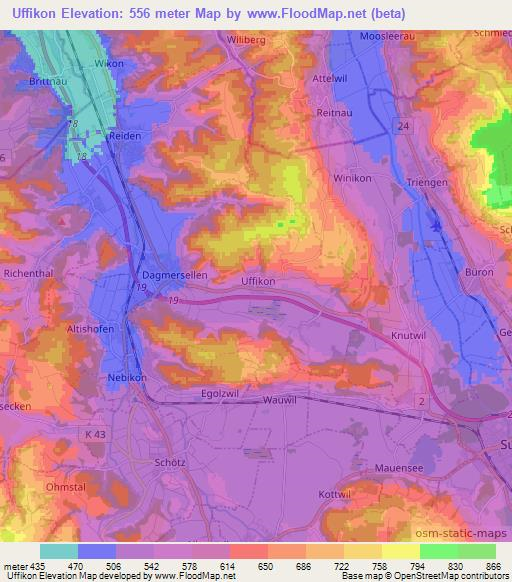 Uffikon,Switzerland Elevation Map