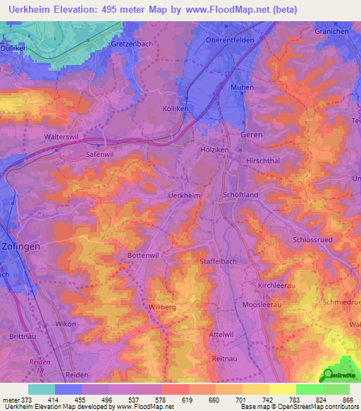 Uerkheim,Switzerland Elevation Map