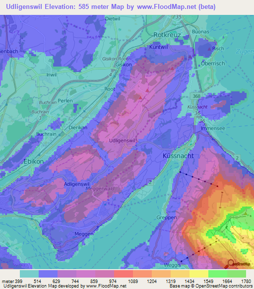 Udligenswil,Switzerland Elevation Map