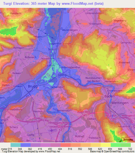 Turgi,Switzerland Elevation Map