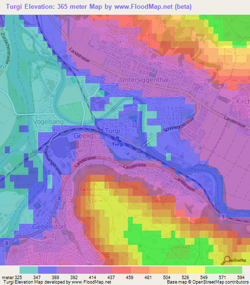 Turgi,Switzerland Elevation Map