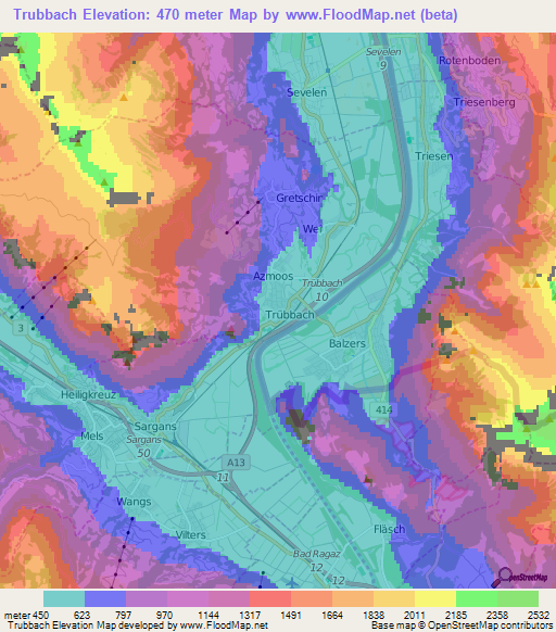 Trubbach,Switzerland Elevation Map