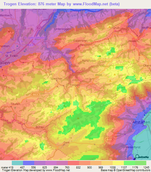 Trogen,Switzerland Elevation Map