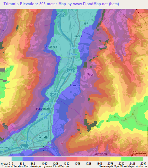 Trimmis,Switzerland Elevation Map