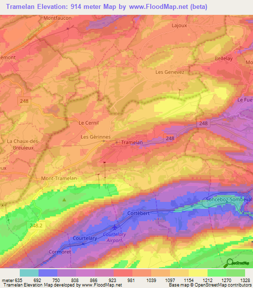 Tramelan,Switzerland Elevation Map