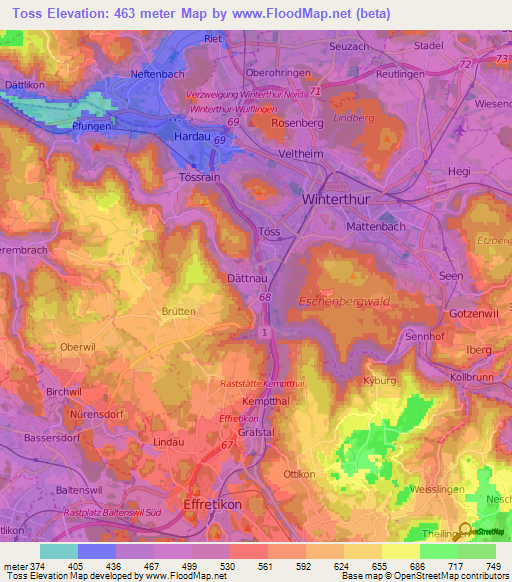 Toss,Switzerland Elevation Map