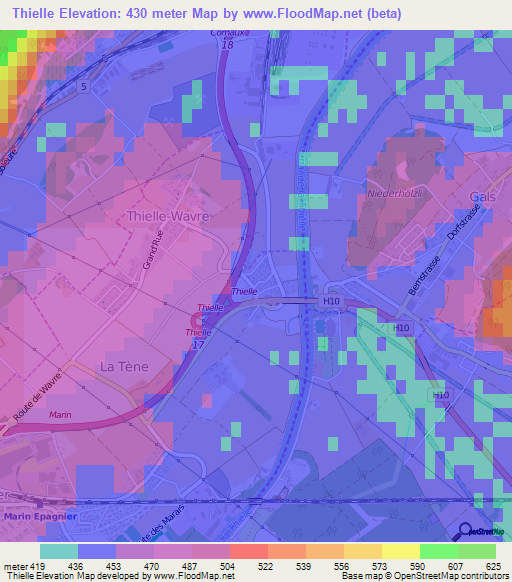 Thielle,Switzerland Elevation Map