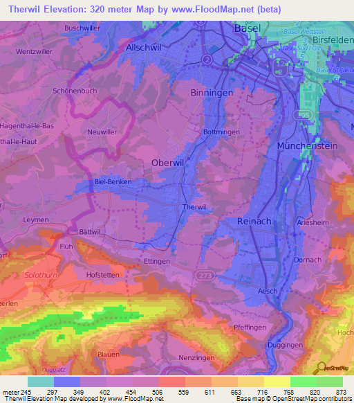 Therwil,Switzerland Elevation Map