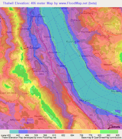 Thalwil,Switzerland Elevation Map