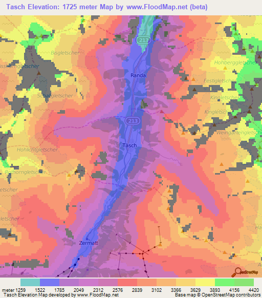 Tasch,Switzerland Elevation Map