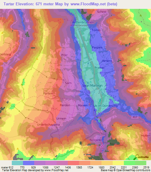 Tartar,Switzerland Elevation Map