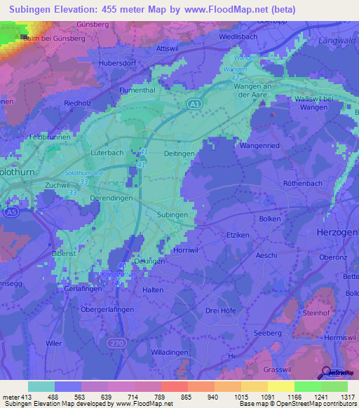 Subingen,Switzerland Elevation Map