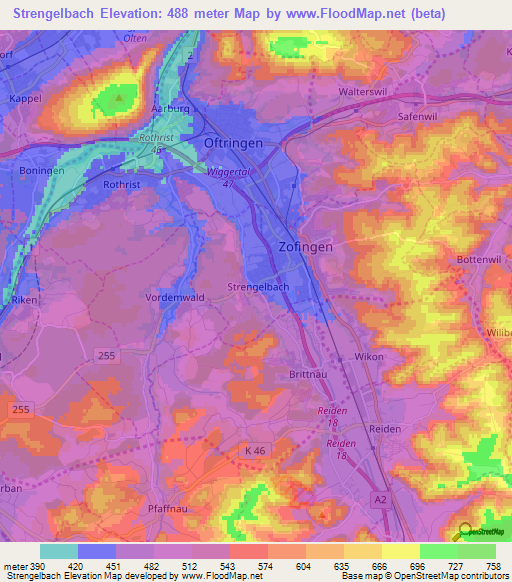 Strengelbach,Switzerland Elevation Map