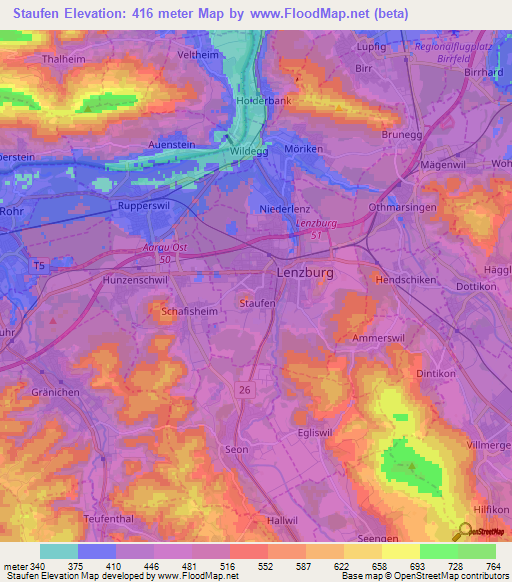 Staufen,Switzerland Elevation Map